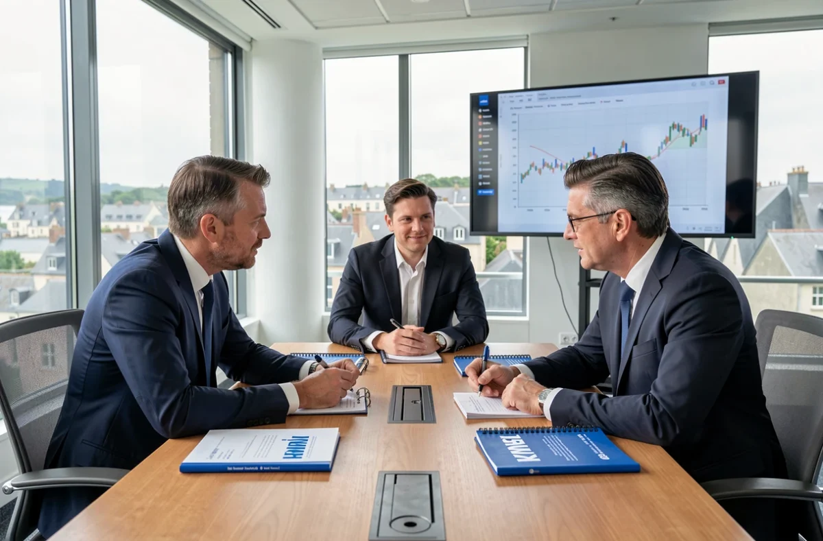 Équipe d'experts-comptables de KPMG en réunion stratégique dans la salle de conférence de leur bureau dans le Morbihan