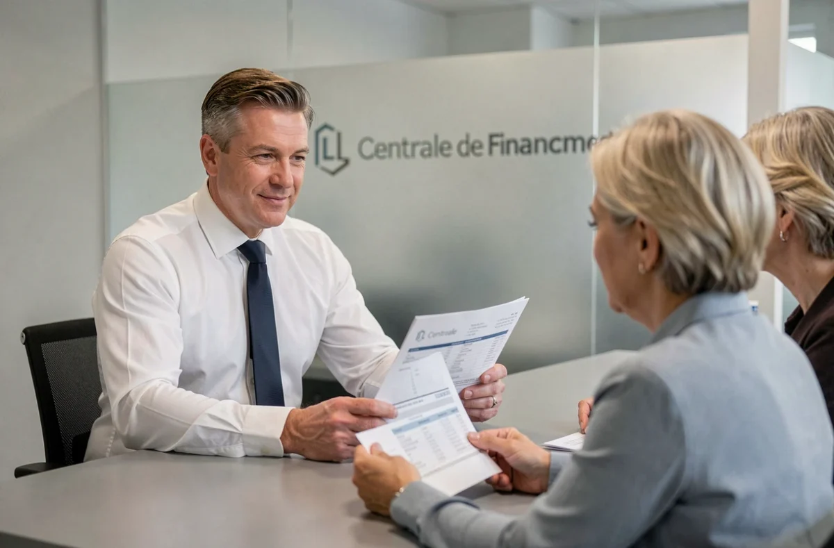Conseiller de La Centrale de Financement Clermont-Ferrand présentant un dossier de crédit immobilier à des clients