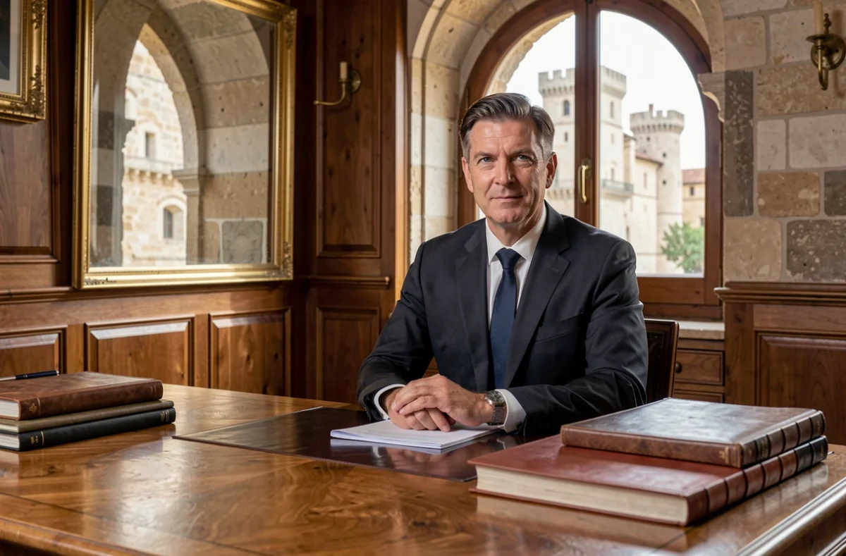 Conseiller du Conservateur à Avignon dans un bureau historique en pierre avec vue sur le Palais des Papes
