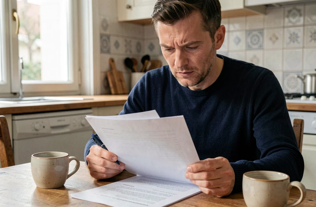 Homme lisant un document officiel d'amendes à la maison, stylo en main, préparant une demande de bordereau de situation