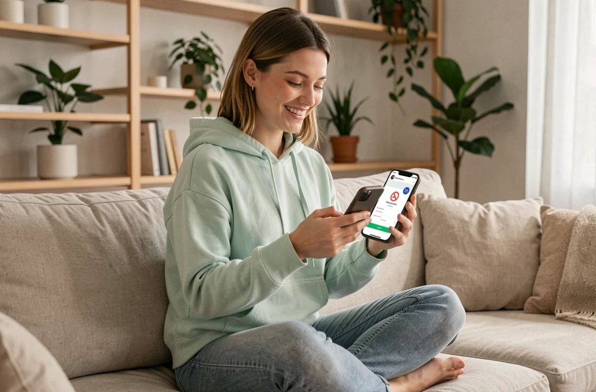 Jeune femme souscrivant une assurance auto flexible sans engagement via l'application mobile Leocare sur son canapé