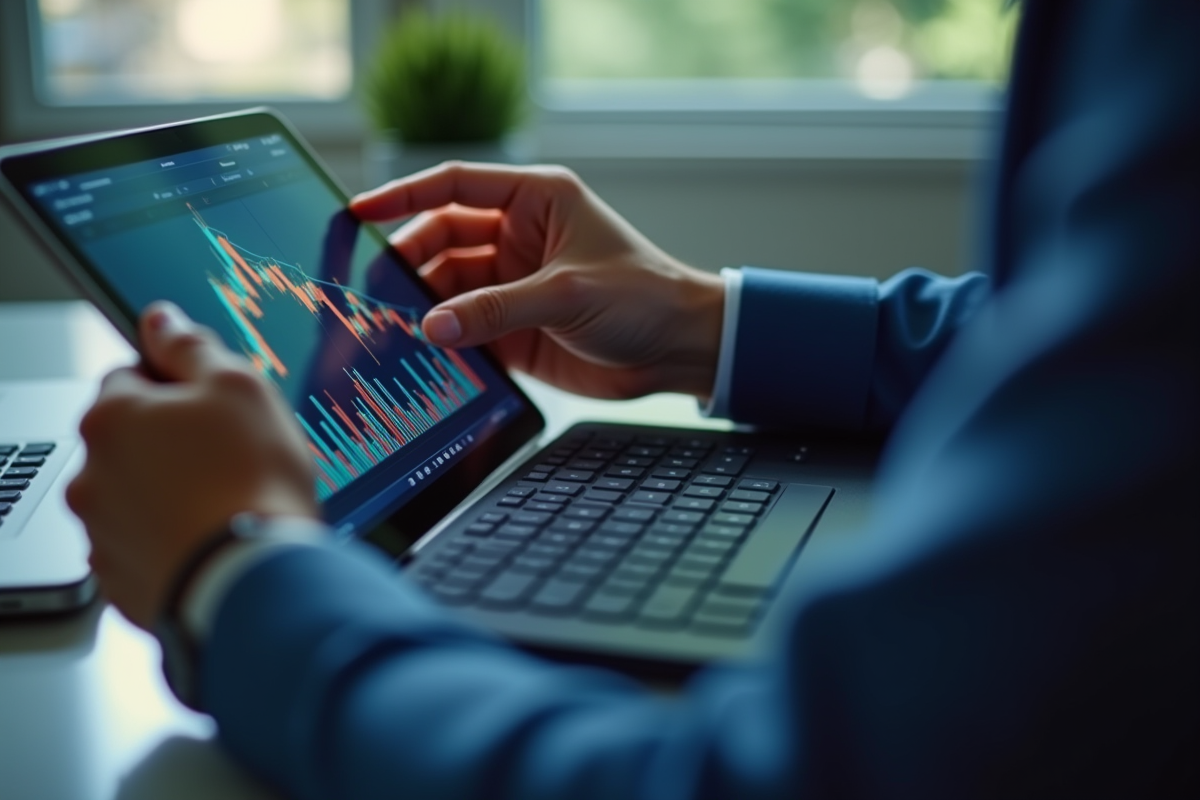 Mains utilisant une tablette avec graphiques de marché en gros plan