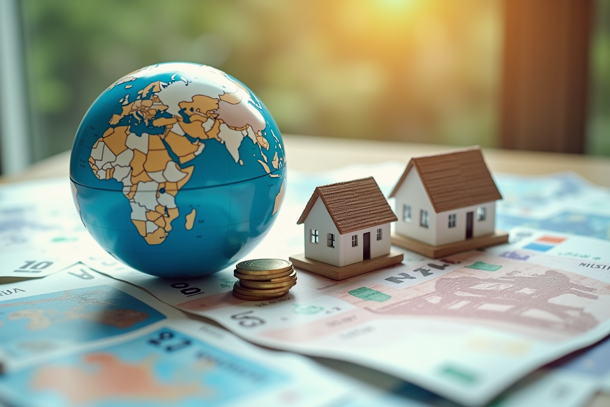 Miniatures de maisons et globes sur devises et documents financiers