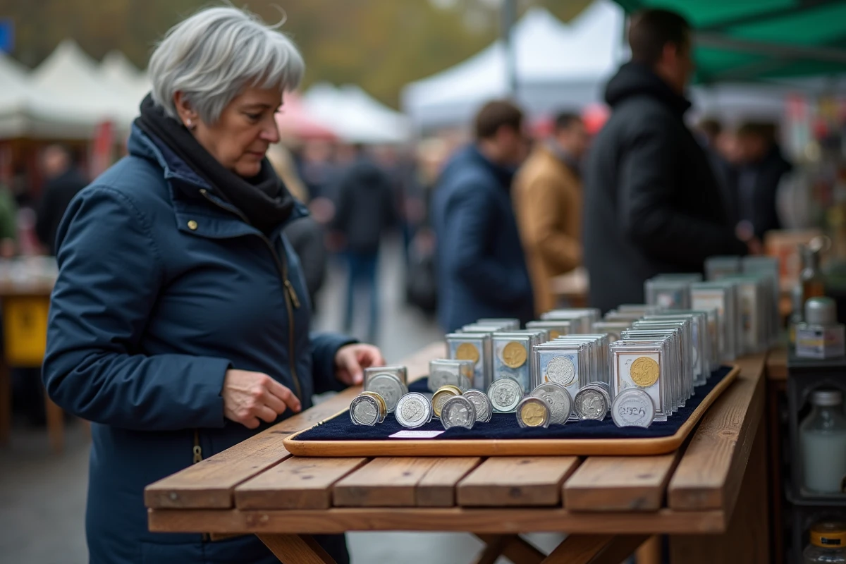 Stand de marché numismatique en plein air avec pièces de 2 euros Jeux Olympiques 2026 exposées sur velours sombre