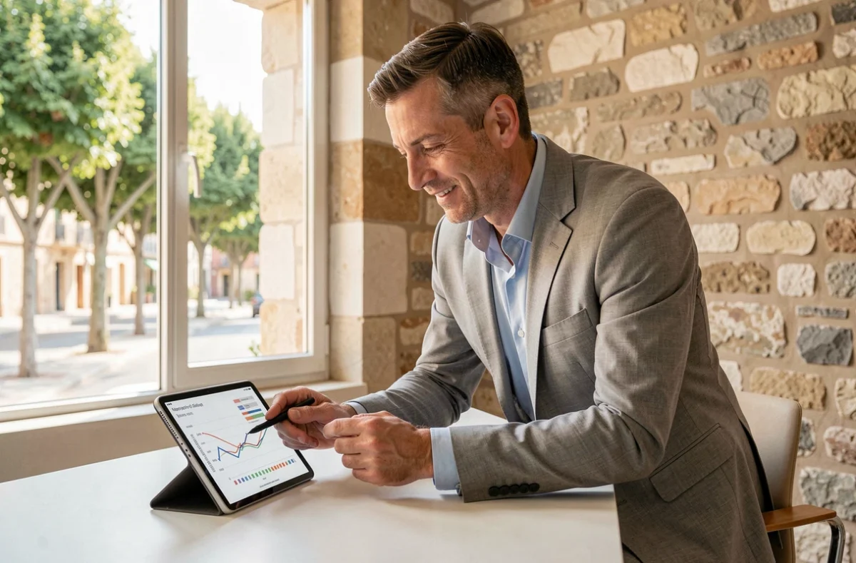 Conseiller en patrimoine de Master Conseil à Aix-en-Provence consultant un tableau d'allocation d'investissement sur une tablette
