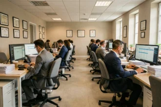 Vue d'ensemble d'un cabinet comptable professionnel dans le Morbihan avec des employés travaillant sur des documents financiers