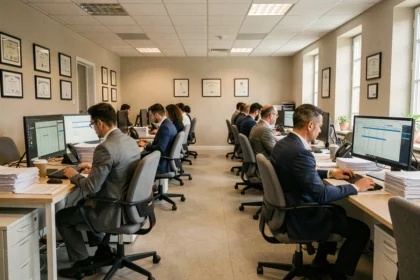 Vue d'ensemble d'un cabinet comptable professionnel dans le Morbihan avec des employés travaillant sur des documents financiers