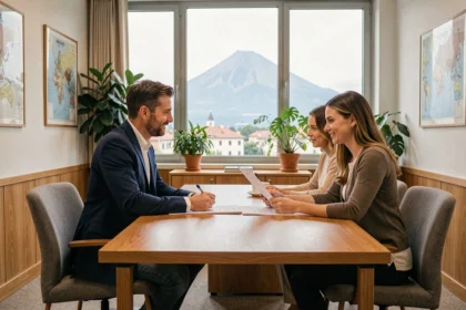 Courtier en crédit immobilier recevant un couple en consultation dans un bureau professionnel à Clermont-Ferrand avec vue sur le Puy-de-Dôme