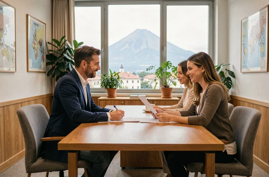 Courtier en crédit immobilier recevant un couple en consultation dans un bureau professionnel à Clermont-Ferrand avec vue sur le Puy-de-Dôme