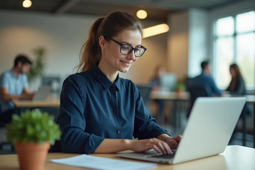 Femme professionnelle mettant à jour son profil en ligne sur un ordinateur portable dans un bureau moderne