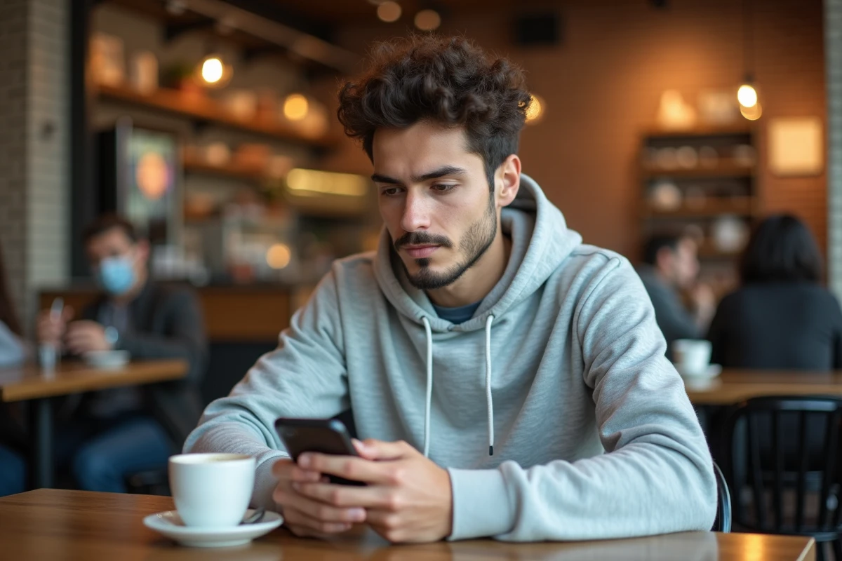 Jeune personne mettant à jour son profil en ligne sur smartphone dans un café moderne