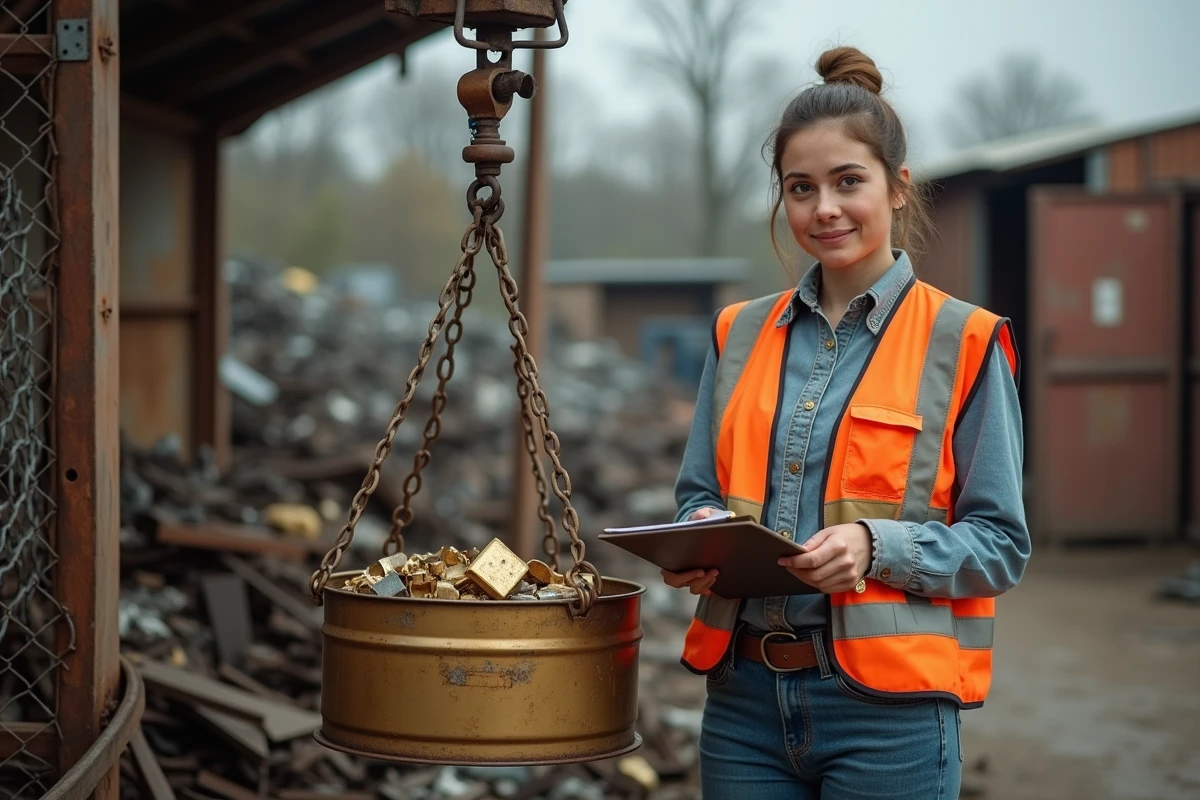 Négociante en ferraille pesant du laiton recyclé sur une balance industrielle dans une casse métallique