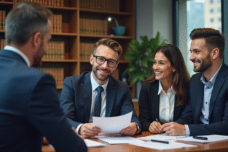 Notaire en costume noir avec couple dans un bureau moderne