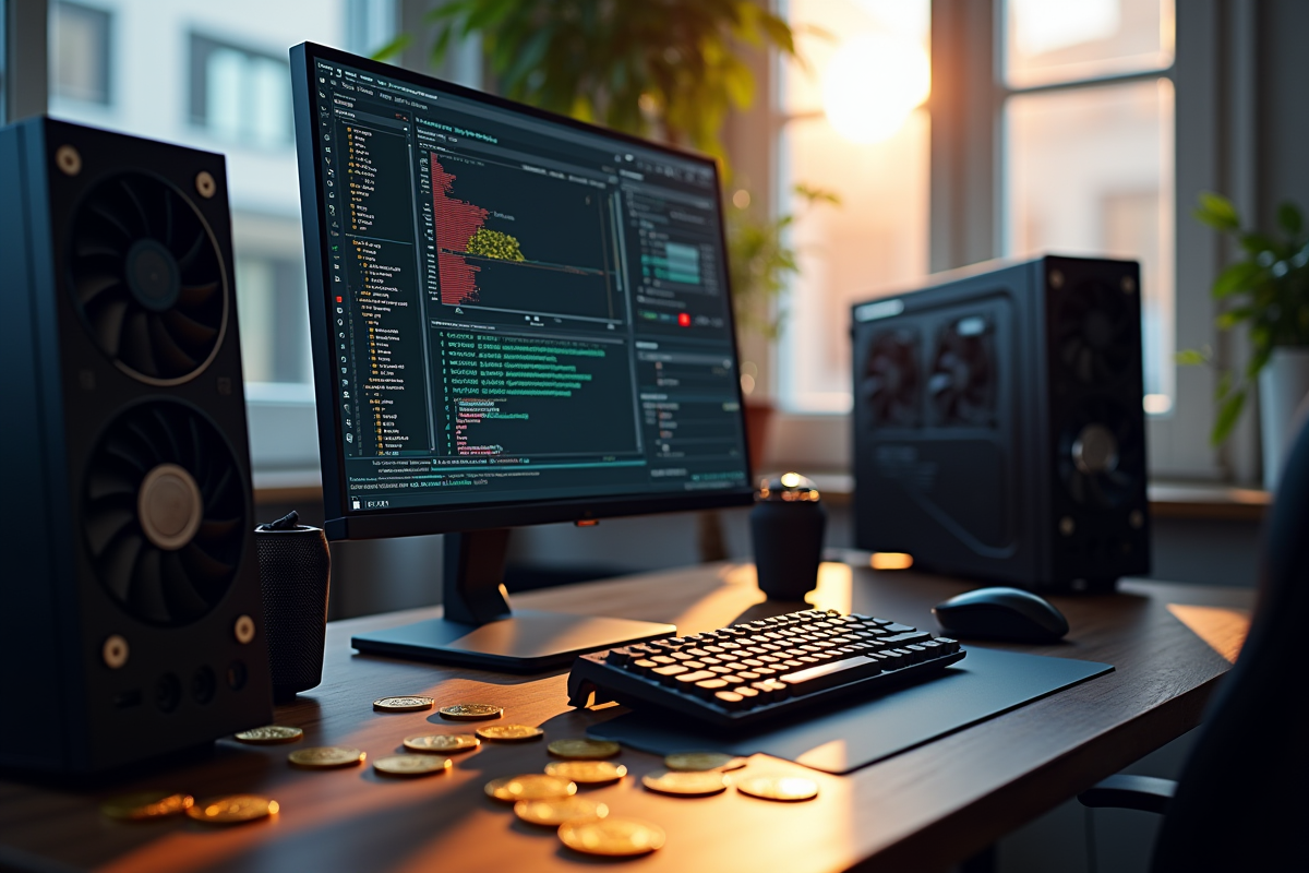 Bureau moderne avec cartes graphiques et logiciel de minage Bitcoin