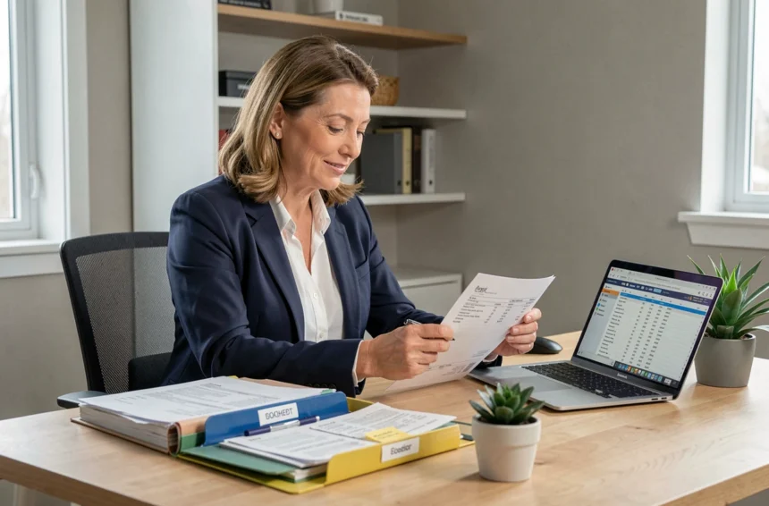 Femme professionnelle organisant des factures Free Mobile dans des dossiers classés sur un bureau de télétravail