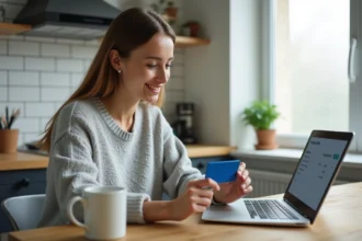 Femme payant une facture en ligne par carte bancaire sur son ordinateur portable dans une cuisine moderne