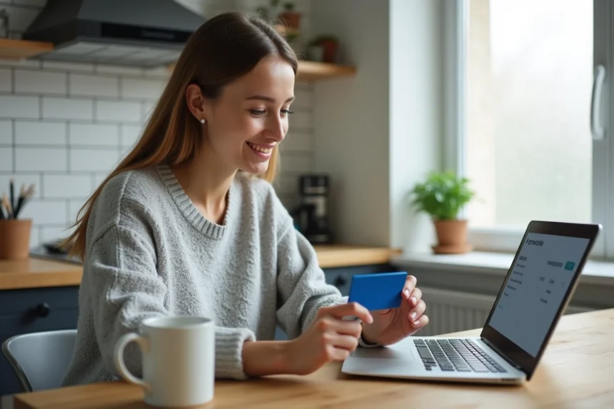 Femme payant une facture en ligne par carte bancaire sur son ordinateur portable dans une cuisine moderne