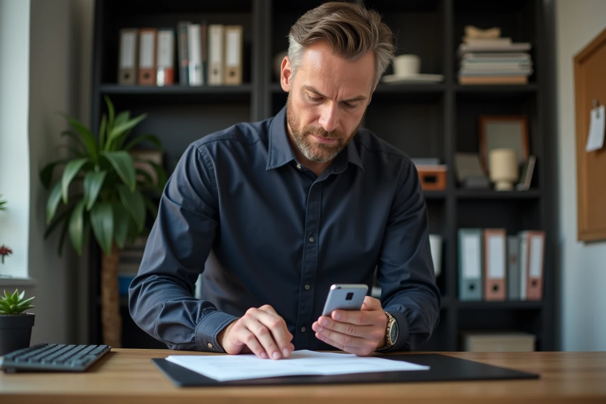 Homme saisissant les informations de sa carte bancaire sur smartphone pour régler une facture papier dans un bureau à domicile