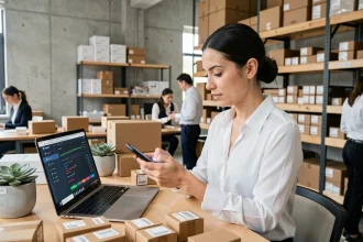 Femme utilisant une application blockchain sur smartphone pour traiter des paiements e-commerce dans un bureau logistique moderne