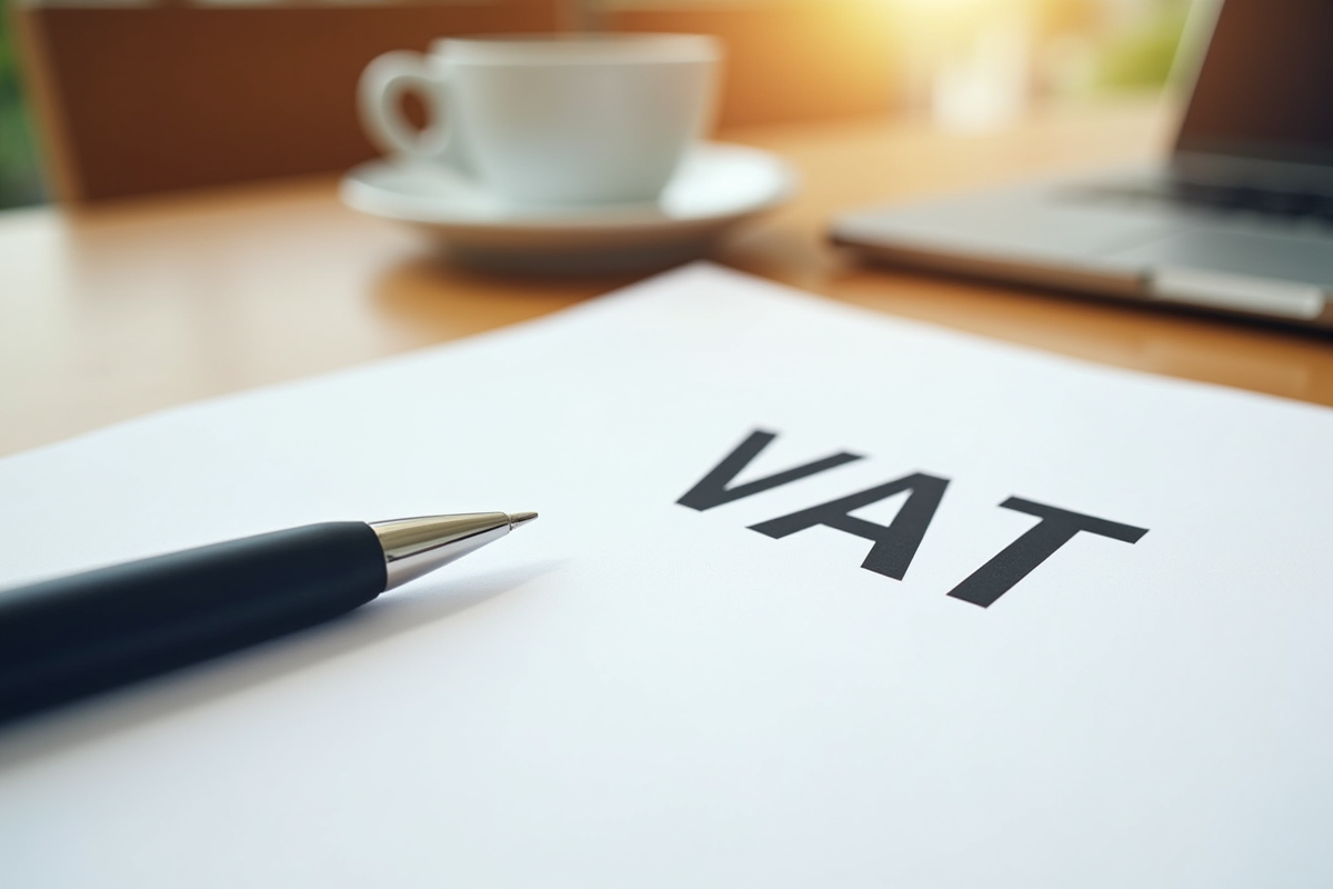 Papier blanc avec texte VAT et ordinateur sur bureau lumineux