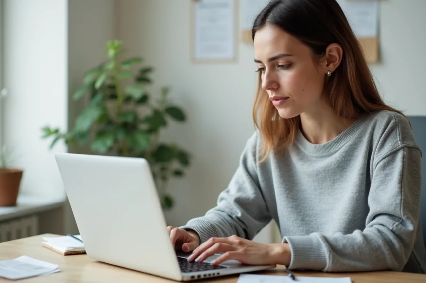 Femme payant sa facture Free sur un ordinateur portable depuis son bureau à domicile
