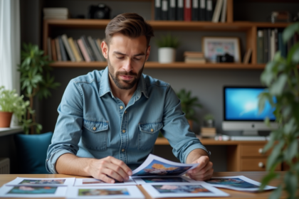 Photographe professionnel examinant des impressions dans un studio créatif