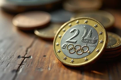 Pièce de 2 euros commémorative Jeux Olympiques 2026 en gros plan sur bois avec détails de gravure et anneaux olympiques