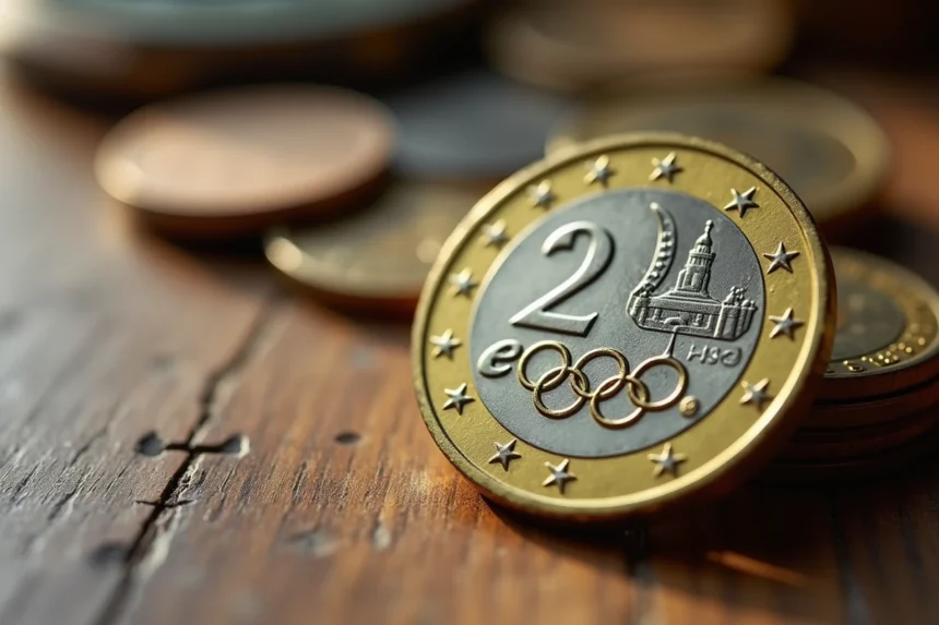 Pièce de 2 euros commémorative Jeux Olympiques 2026 en gros plan sur bois avec détails de gravure et anneaux olympiques