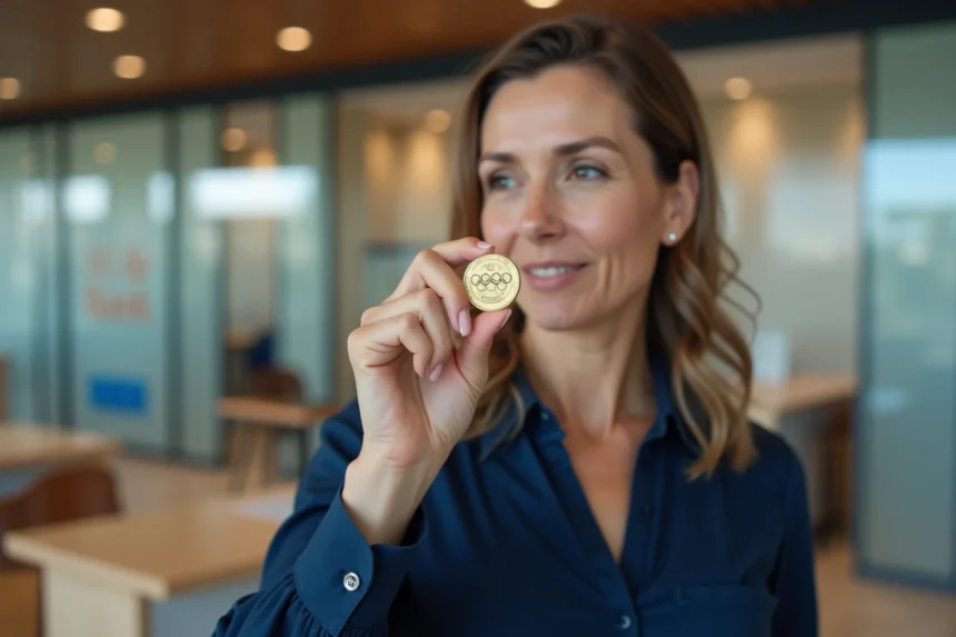 Femme tenant une pièce 2 euros commémorative JO 2026 dans une agence bancaire française