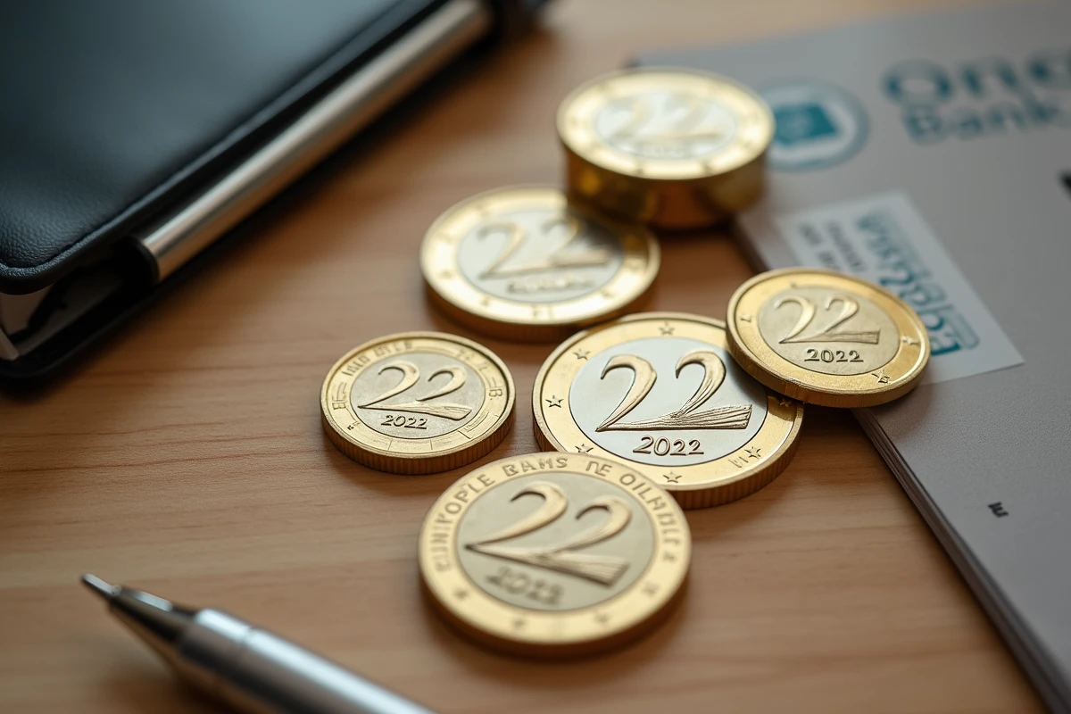 Pièces de 2 euros commémoratives JO 2026 disposées sur un bureau avec un livret bancaire