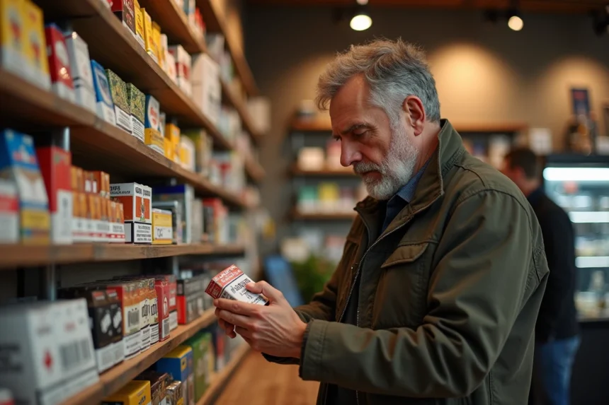 Un homme comparant le prix des cigarettes dans un bureau de tabac allemand
