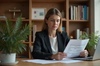 Professeure consultantdes documents administratifs de mutation et de paiement de salaire à son bureau à domicile