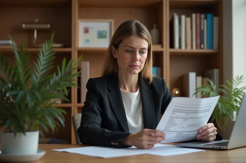 Professeure consultantdes documents administratifs de mutation et de paiement de salaire à son bureau à domicile