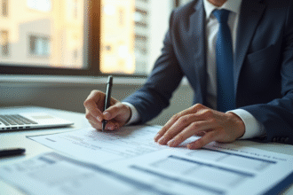 Professionnel comparant documents financiers dans un bureau lumineux