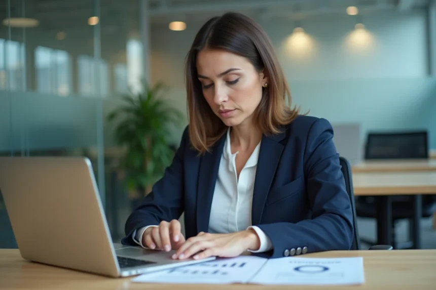 Professionnelle consultant des documents financiers sur ordinateur dans un bureau institutionnel moderne pour sécuriser ses opérations bancaires territoriales
