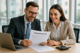 Deux professionnels souriants examinant des documents d'assurance dans un bureau lumineux