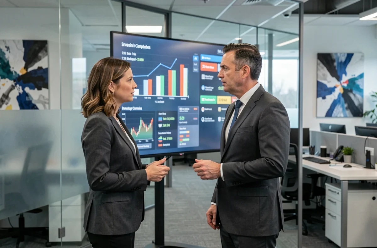 Deux professionnels de la finance discutant des forces et faiblesses de Fifth Street Finance Corp face à ses concurrentes BDC devant un écran de données