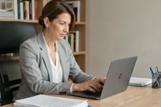 Femme professionnelle rédigeant un email administratif sur un ordinateur portable dans un bureau à domicile organisé