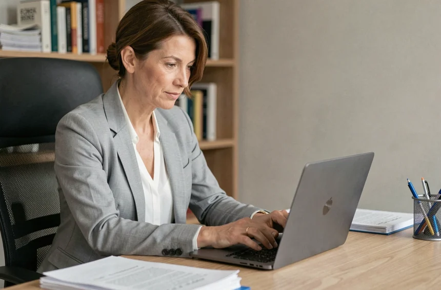 Femme professionnelle rédigeant un email administratif sur un ordinateur portable dans un bureau à domicile organisé