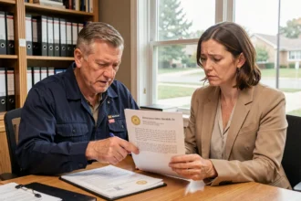 Propriétaire et entrepreneur examinant un refus de garantie décennale autour d'un bureau avec des documents d'assurance