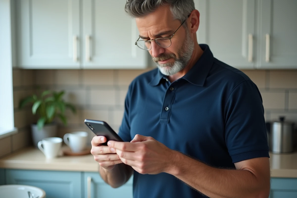 Homme réglant sa facture Free via l'application mobile dans une cuisine moderne