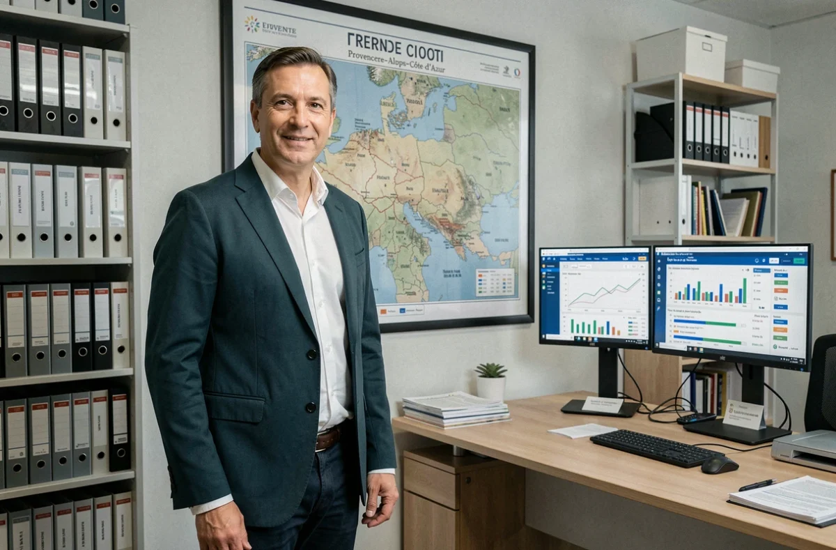 Conseiller indépendant de Rempart Financier en PACA devant une carte régionale avec des tableaux de bord financiers sur deux écrans
