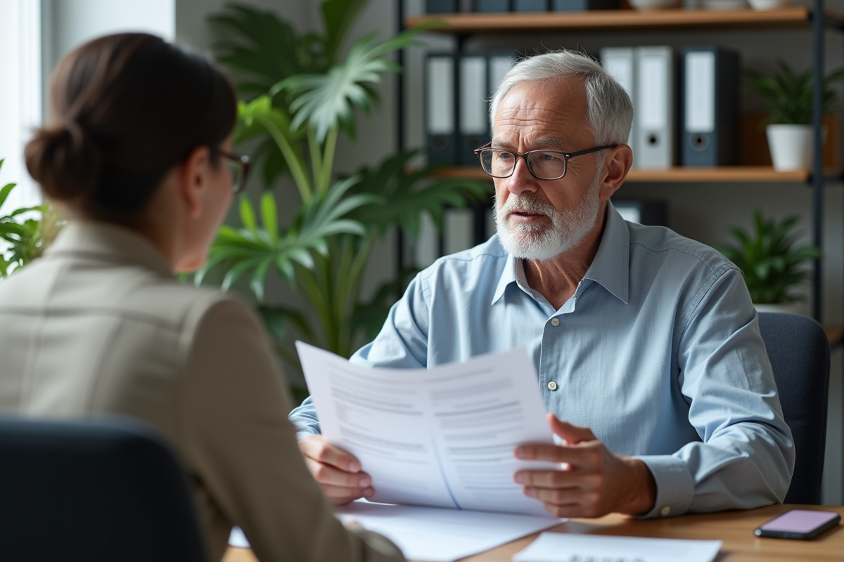Homme âgé discute avec un conseiller financier au bureau
