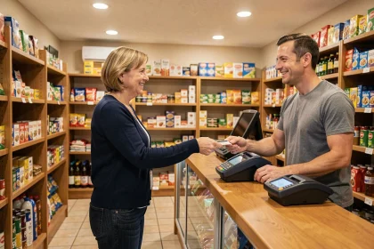 Femme retirant de l'argent en espèces dans une épicerie de quartier via un terminal de paiement au comptoir