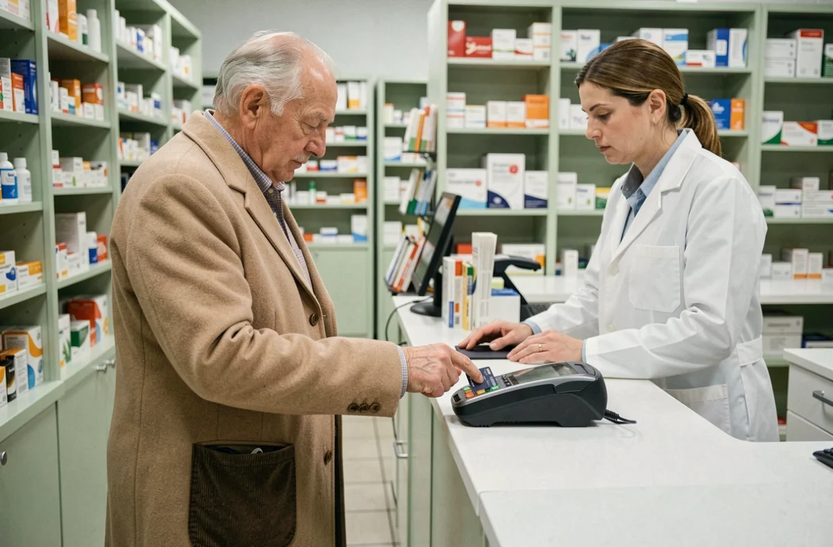 Homme âgé utilisant sa carte bancaire pour un retrait cashback dans une pharmacie de quartier