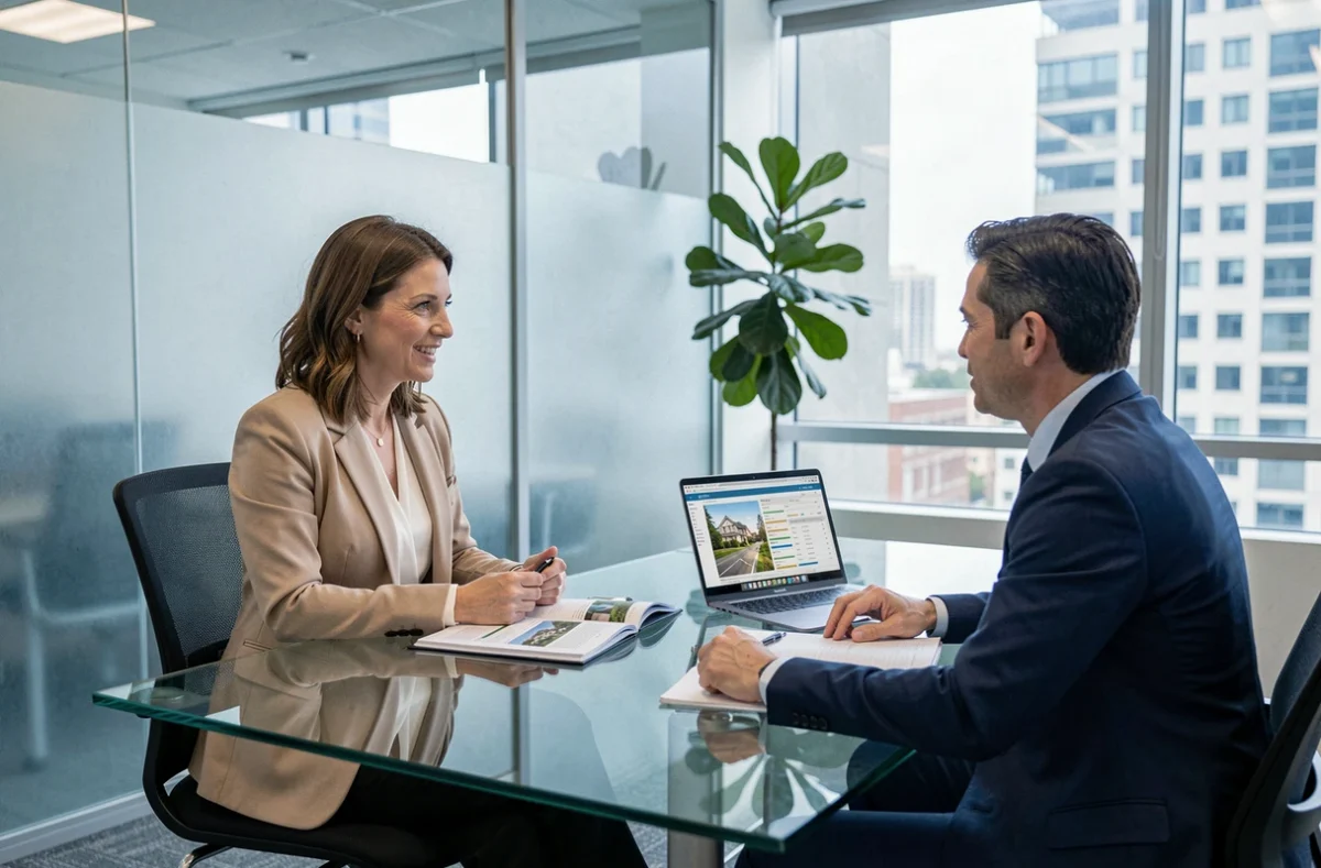 Une épargnante en réunion avec un conseiller financier pour étudier un placement en SCPI dans un bureau professionnel