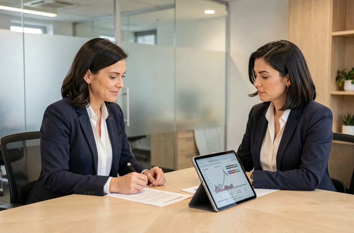 Femme en réunion avec un conseiller financier examinant des documents d'investissement