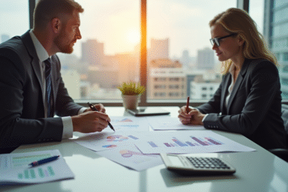 Réunion entre deux professionnels dans un bureau moderne