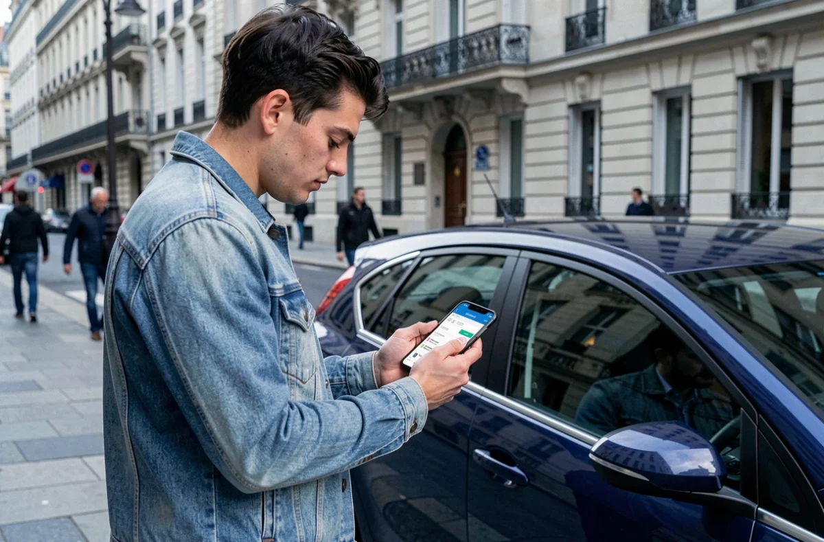 Conducteur utilisant l'application Roole pour accéder à ses services d'assurance auto connectée depuis son smartphone