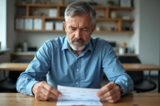 Homme d'âge moyen examinant sa fiche de paie dans un espace de pause